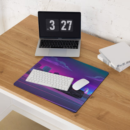 Nissan GT-R R35 Inspired Black Purple Vaporwave Gaming Mouse Pad, Neon Cyberpunk City JDM Desk Mat with Retro Futuristic Sports Car Art