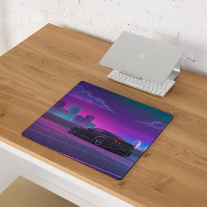 Nissan GT-R R35 Inspired Black Purple Vaporwave Gaming Mouse Pad, Neon Cyberpunk City JDM Desk Mat with Retro Futuristic Sports Car Art