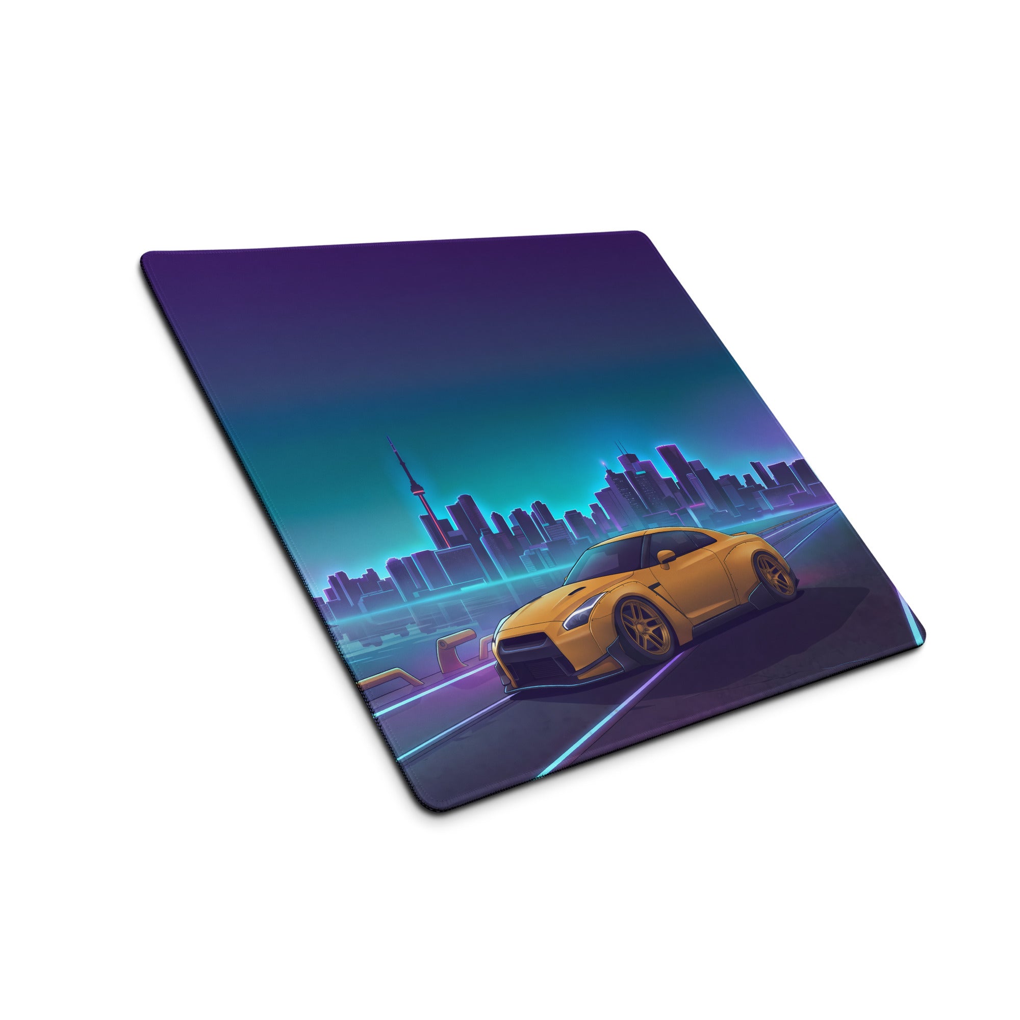 Nissan GT-R R35 Inspired Gold Blue Vaporwave Gaming Mouse Pad, Neon Toronto Skyline JDM Desk Mat with Retro Futuristic Sports Car Art