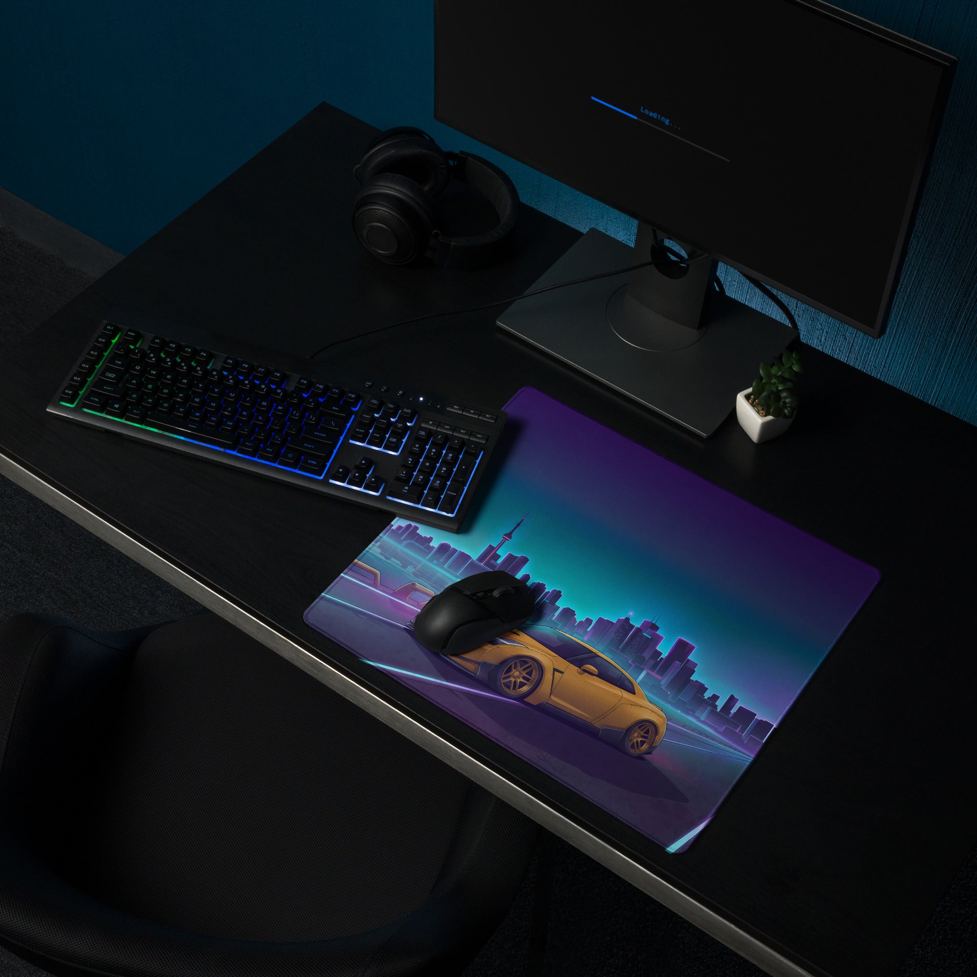 Nissan GT-R R35 Inspired Gold Blue Vaporwave Gaming Mouse Pad, Neon Toronto Skyline JDM Desk Mat with Retro Futuristic Sports Car Art