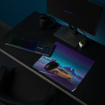 Nissan GT-R R35 Inspired Gold Blue Vaporwave Gaming Mouse Pad, Neon Toronto Skyline JDM Desk Mat with Retro Futuristic Sports Car Art