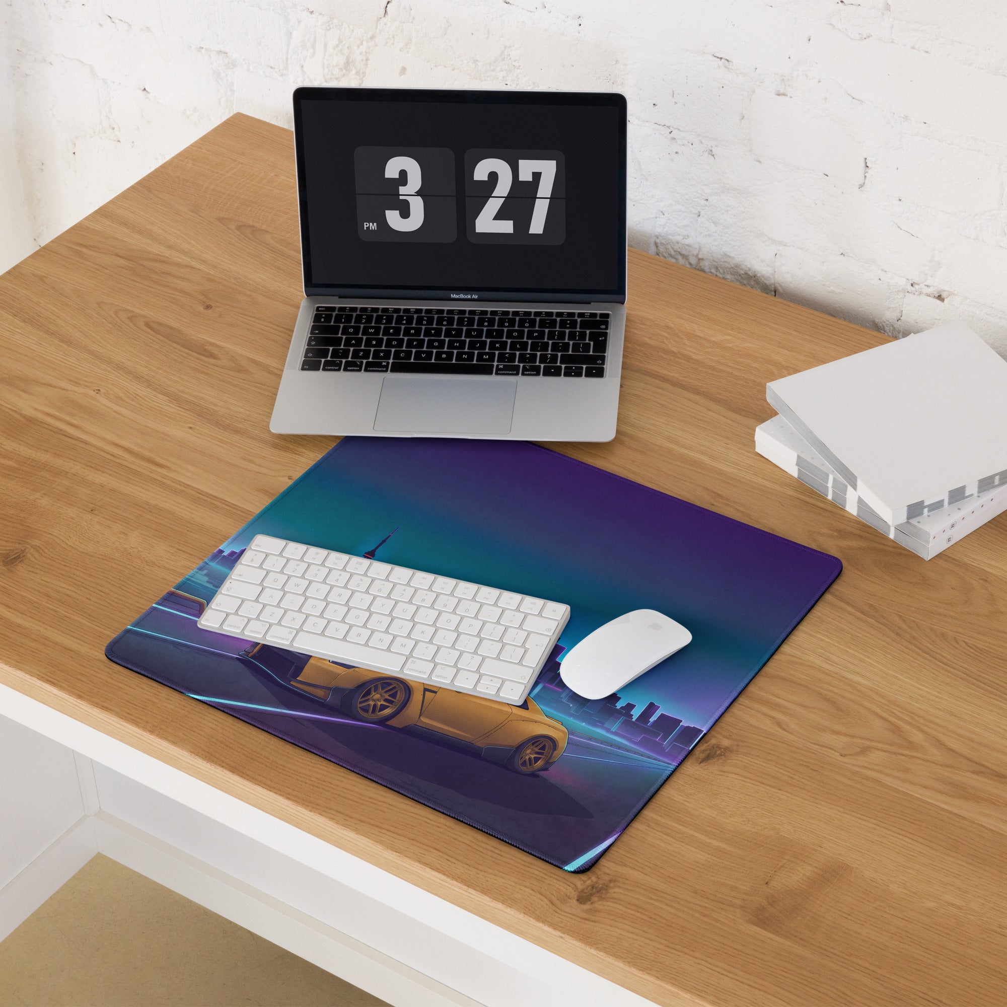 Nissan GT-R R35 Inspired Gold Blue Vaporwave Gaming Mouse Pad, Neon Toronto Skyline JDM Desk Mat with Retro Futuristic Sports Car Art
