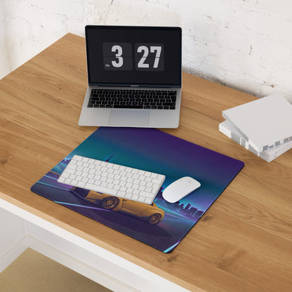 Nissan GT-R R35 Inspired Gold Blue Vaporwave Gaming Mouse Pad, Neon Toronto Skyline JDM Desk Mat with Retro Futuristic Sports Car Art