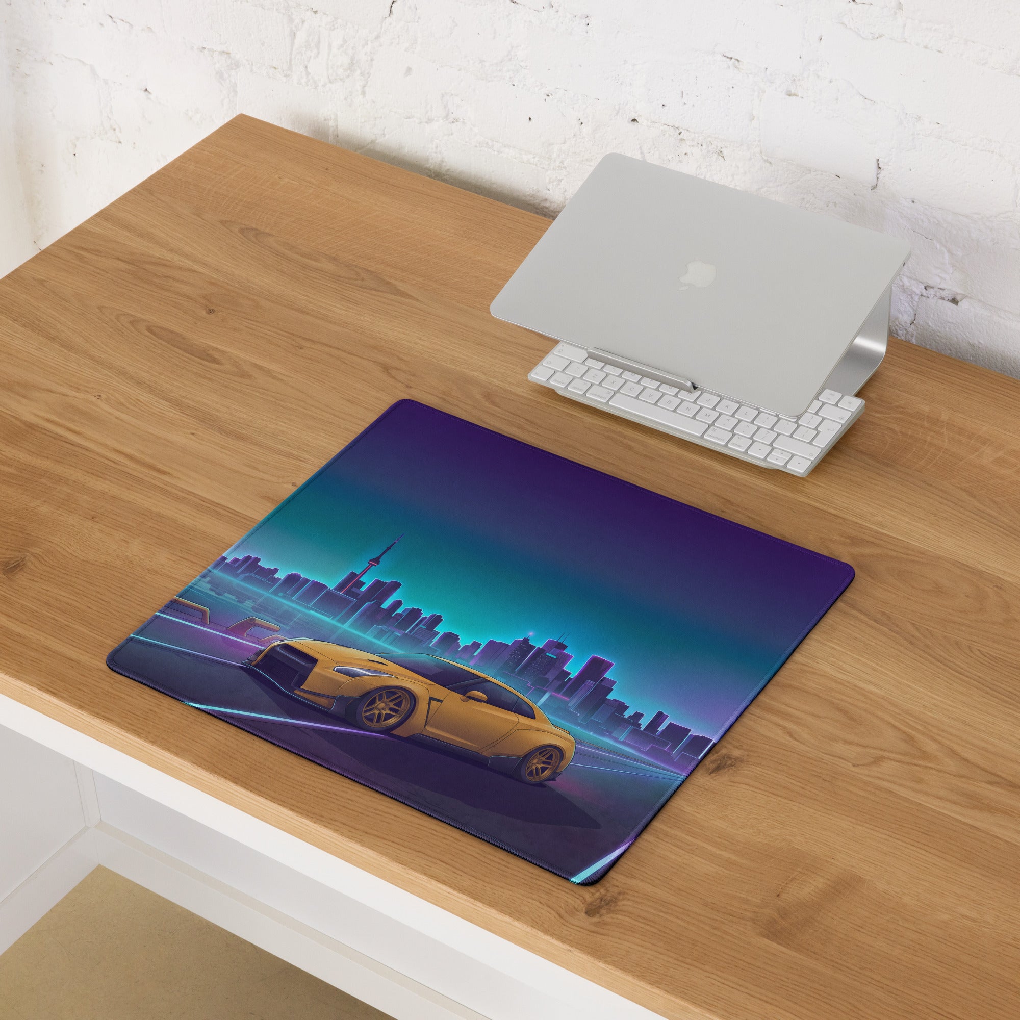 Nissan GT-R R35 Inspired Gold Blue Vaporwave Gaming Mouse Pad, Neon Toronto Skyline JDM Desk Mat with Retro Futuristic Sports Car Art