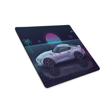 Toyota GR Supra A90 Inspired White Purple Vaporwave Gaming Mouse Pad, Neon Retro Futuristic JDM Desk Mat with Synthwave Grid Sports Car Art