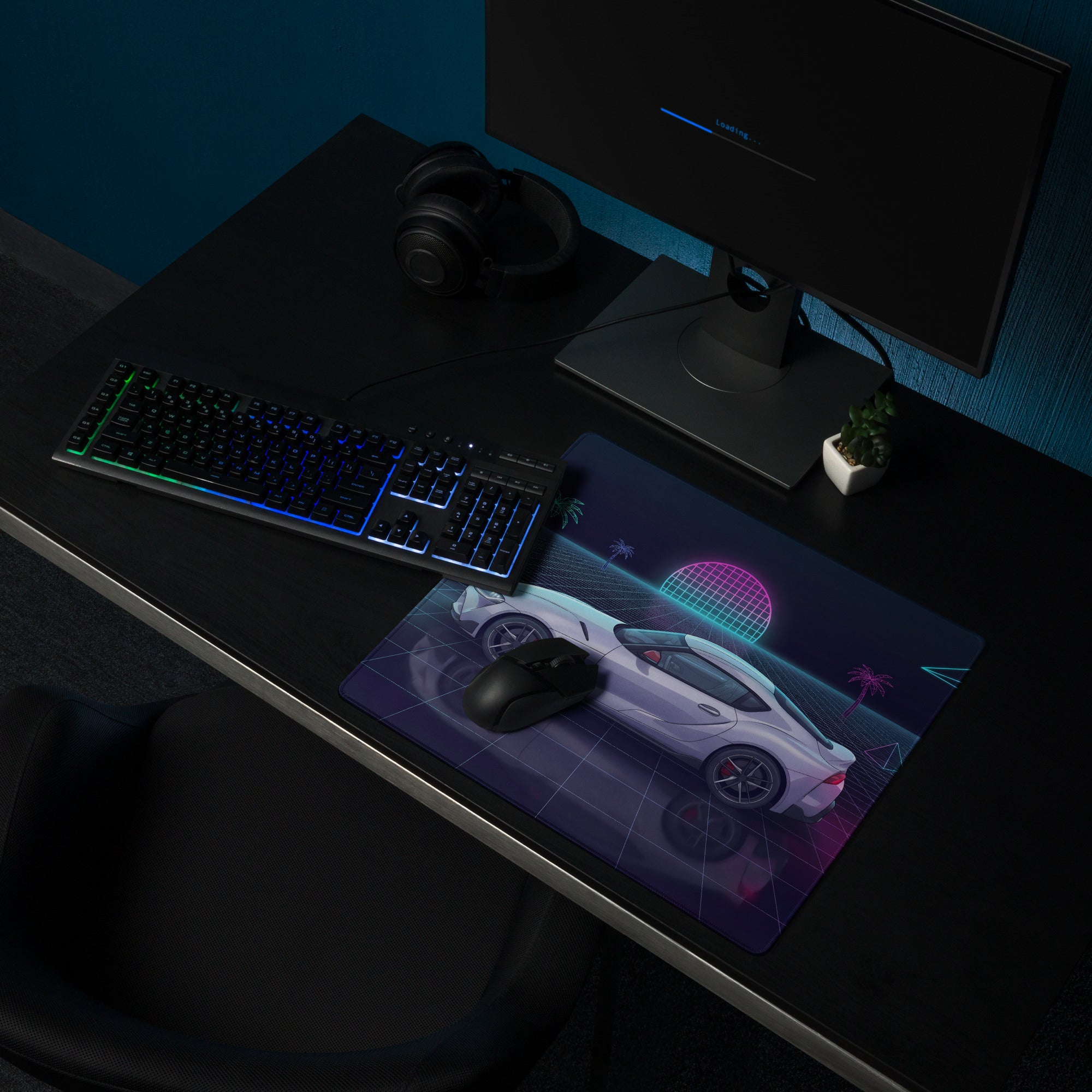 Toyota GR Supra A90 Inspired White Purple Vaporwave Gaming Mouse Pad, Neon Retro Futuristic JDM Desk Mat with Synthwave Grid Sports Car Art