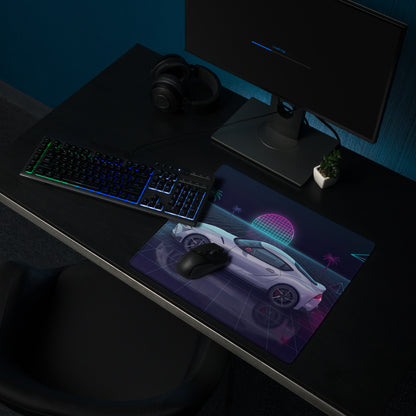 Toyota GR Supra A90 Inspired White Purple Vaporwave Gaming Mouse Pad, Neon Retro Futuristic JDM Desk Mat with Synthwave Grid Sports Car Art