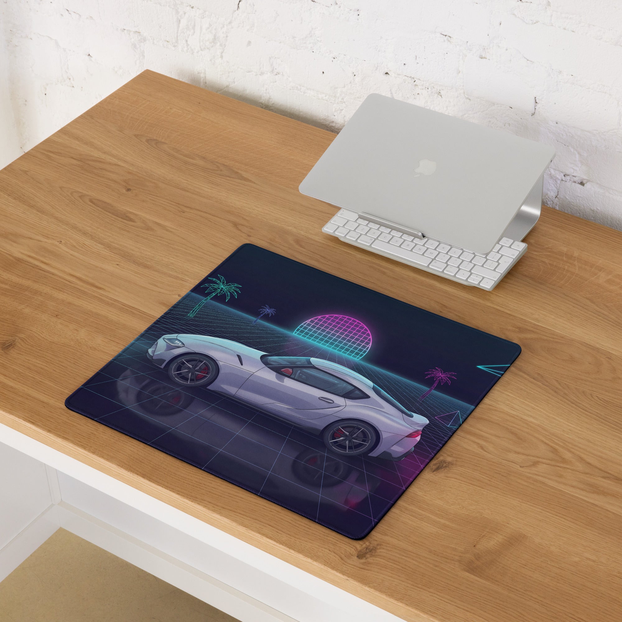 Toyota GR Supra A90 Inspired White Purple Vaporwave Gaming Mouse Pad, Neon Retro Futuristic JDM Desk Mat with Synthwave Grid Sports Car Art