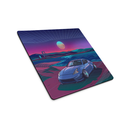 Nissan 370Z Z34 Inspired Blue Purple Vaporwave Gaming Mouse Pad, Neon Retro Futuristic JDM Desk Mat with Synthwave Coastal Sports Car Art