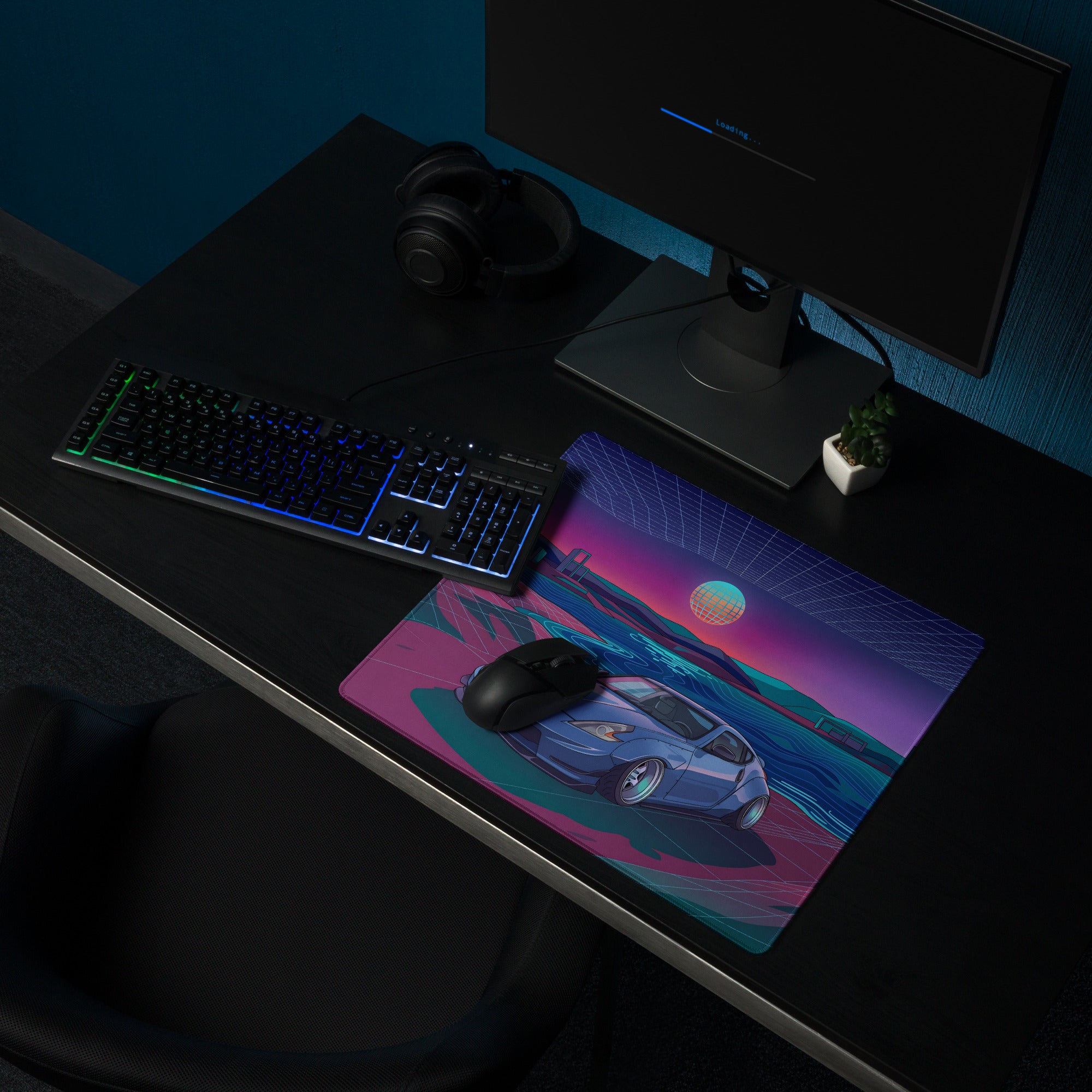 Nissan 370Z Z34 Inspired Blue Purple Vaporwave Gaming Mouse Pad, Neon Retro Futuristic JDM Desk Mat with Synthwave Coastal Sports Car Art