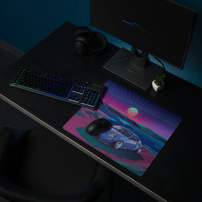 Nissan 370Z Z34 Inspired Blue Purple Vaporwave Gaming Mouse Pad, Neon Retro Futuristic JDM Desk Mat with Synthwave Coastal Sports Car Art
