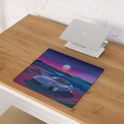 Nissan 370Z Z34 Inspired Blue Purple Vaporwave Gaming Mouse Pad, Neon Retro Futuristic JDM Desk Mat with Synthwave Coastal Sports Car Art