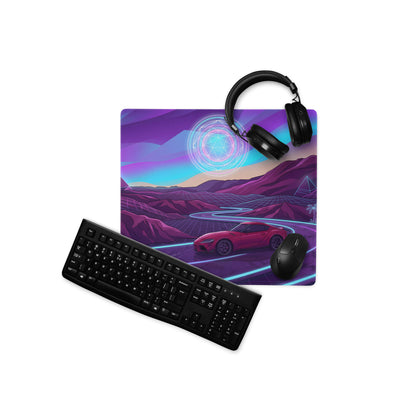Toyota GR Supra A90 Inspired Red Purple Vaporwave Gaming Mouse Pad, Neon Futuristic JDM Desk Mat with Synthwave Mountain Road Sports Car Art