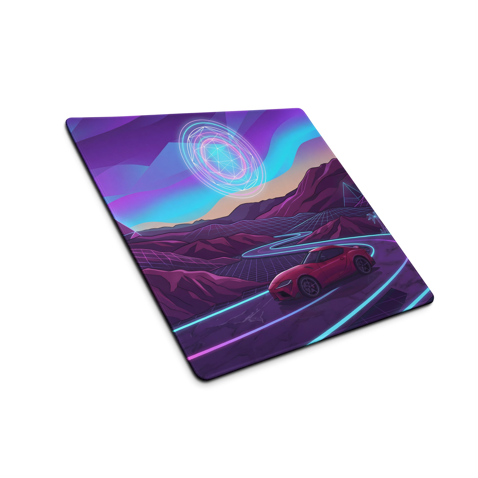 Toyota GR Supra A90 Inspired Red Purple Vaporwave Gaming Mouse Pad, Neon Futuristic JDM Desk Mat with Synthwave Mountain Road Sports Car Art