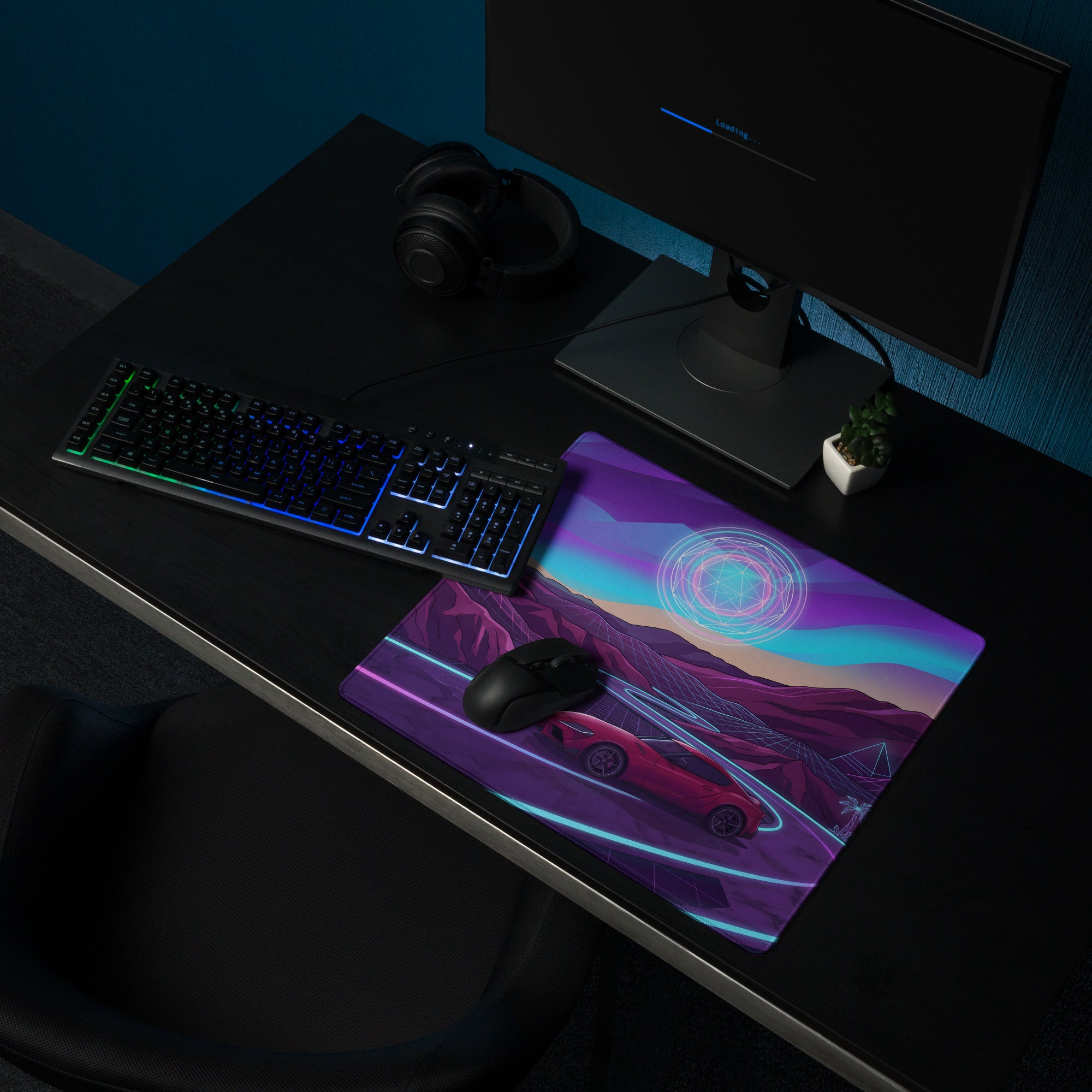 Toyota GR Supra A90 Inspired Red Purple Vaporwave Gaming Mouse Pad, Neon Futuristic JDM Desk Mat with Synthwave Mountain Road Sports Car Art