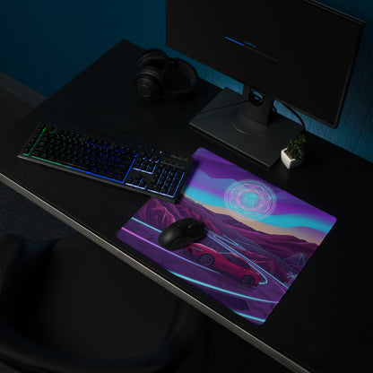 Toyota GR Supra A90 Inspired Red Purple Vaporwave Gaming Mouse Pad, Neon Futuristic JDM Desk Mat with Synthwave Mountain Road Sports Car Art