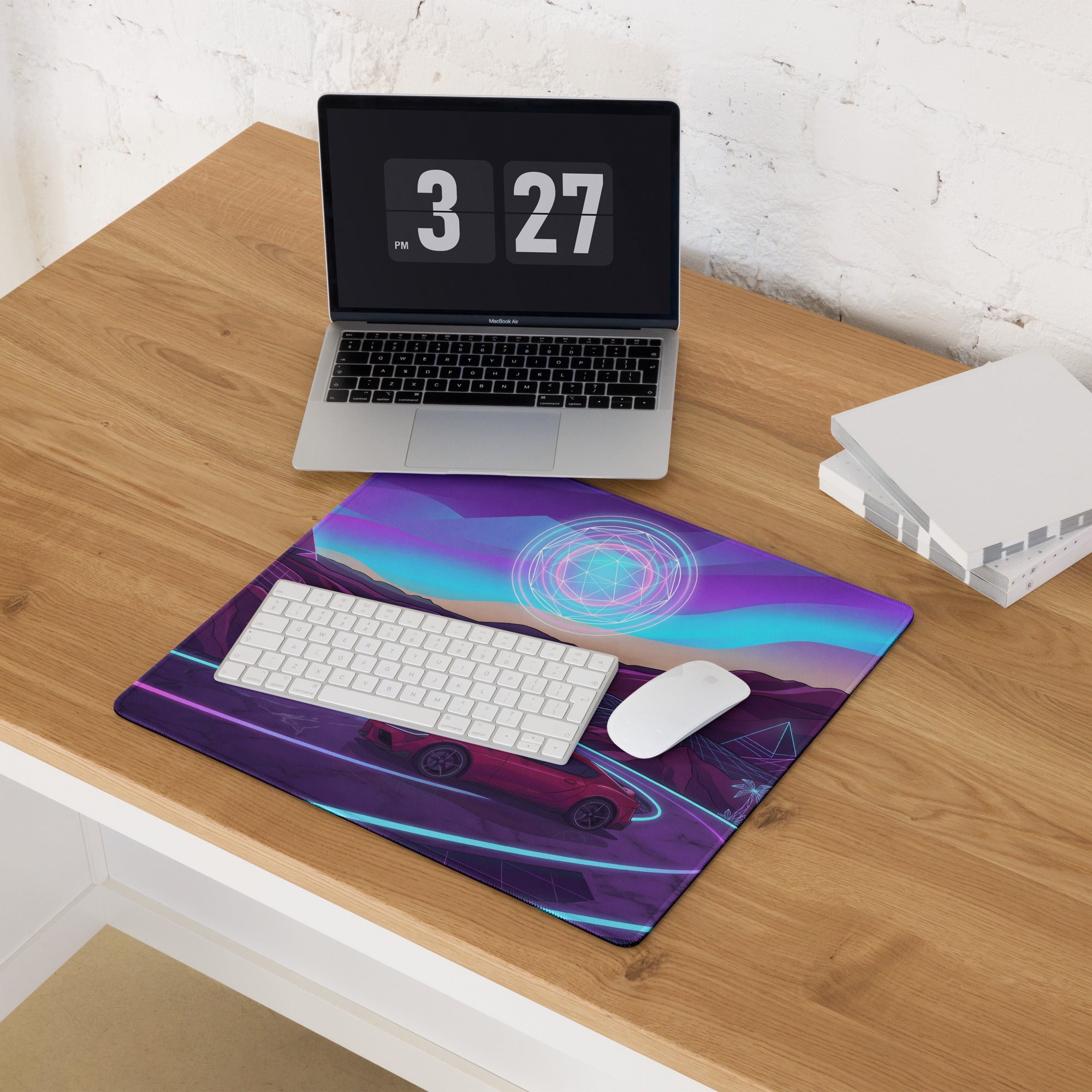 Toyota GR Supra A90 Inspired Red Purple Vaporwave Gaming Mouse Pad, Neon Futuristic JDM Desk Mat with Synthwave Mountain Road Sports Car Art