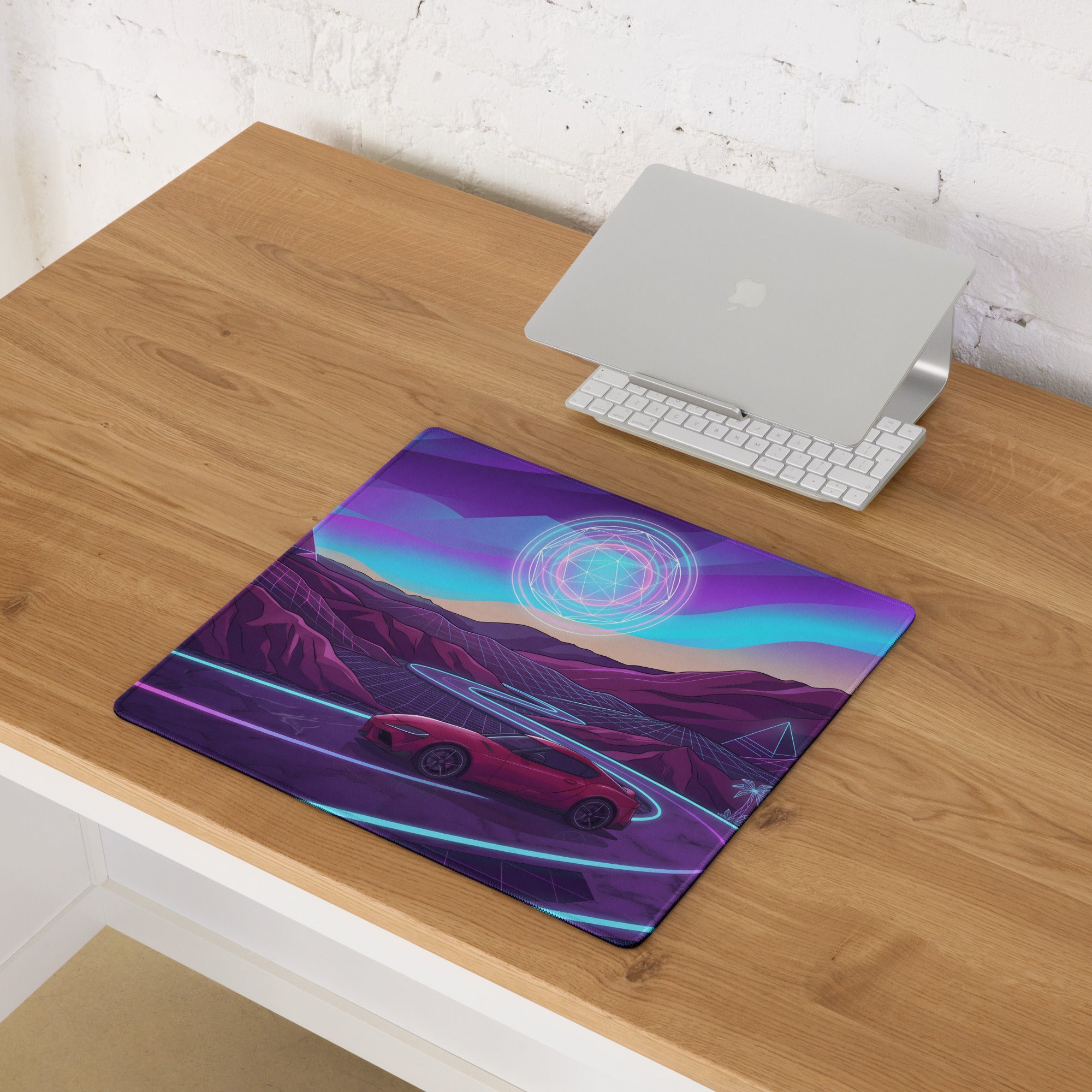 Toyota GR Supra A90 Inspired Red Purple Vaporwave Gaming Mouse Pad, Neon Futuristic JDM Desk Mat with Synthwave Mountain Road Sports Car Art