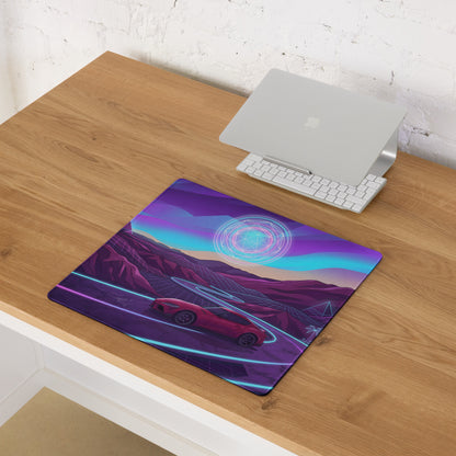 Toyota GR Supra A90 Inspired Red Purple Vaporwave Gaming Mouse Pad, Neon Futuristic JDM Desk Mat with Synthwave Mountain Road Sports Car Art