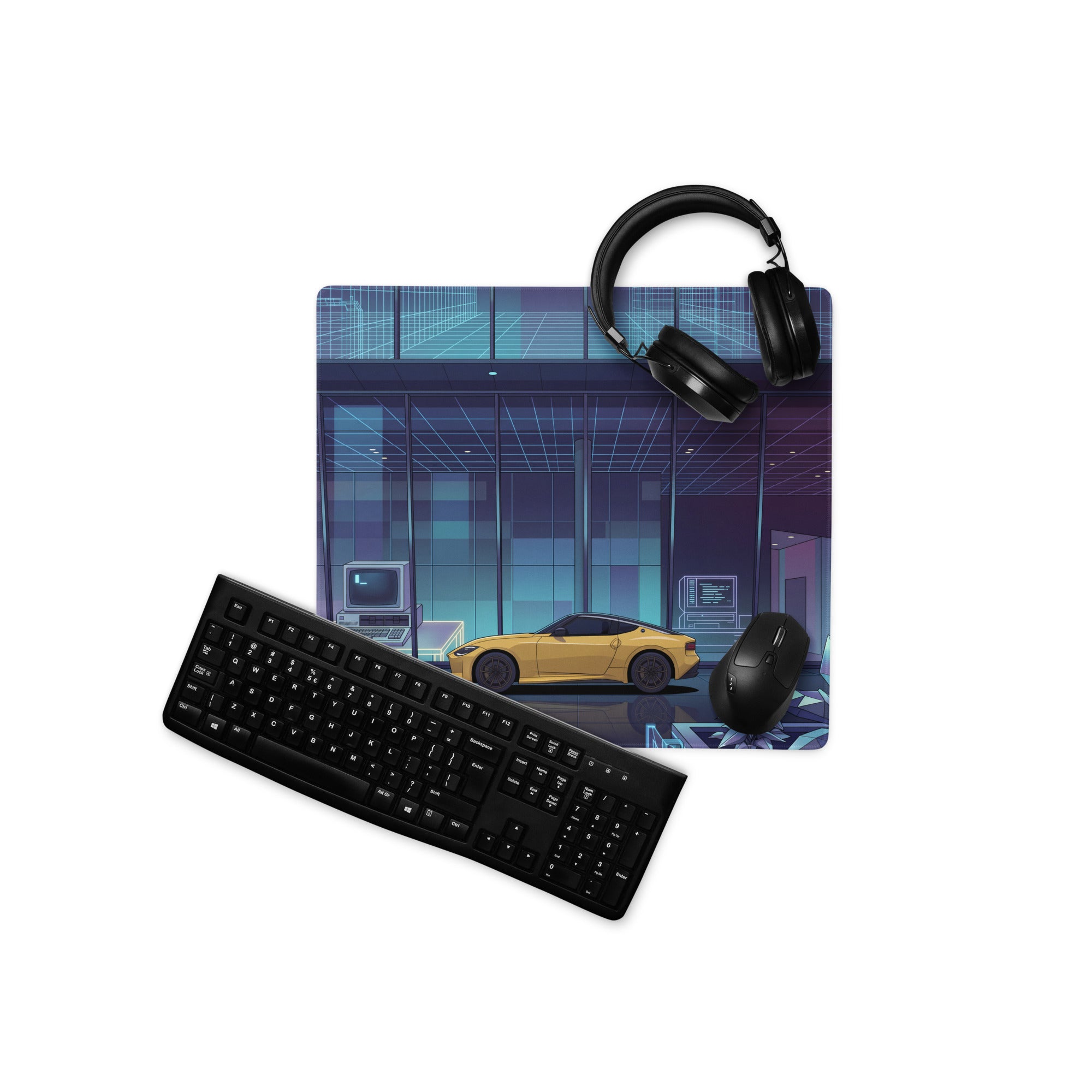 Nissan Z RZ34 Inspired Yellow Blue Vaporwave Gaming Mouse Pad, Neon Retro Futuristic JDM Desk Mat with Cyberpunk Tech Lab Sports Car Art