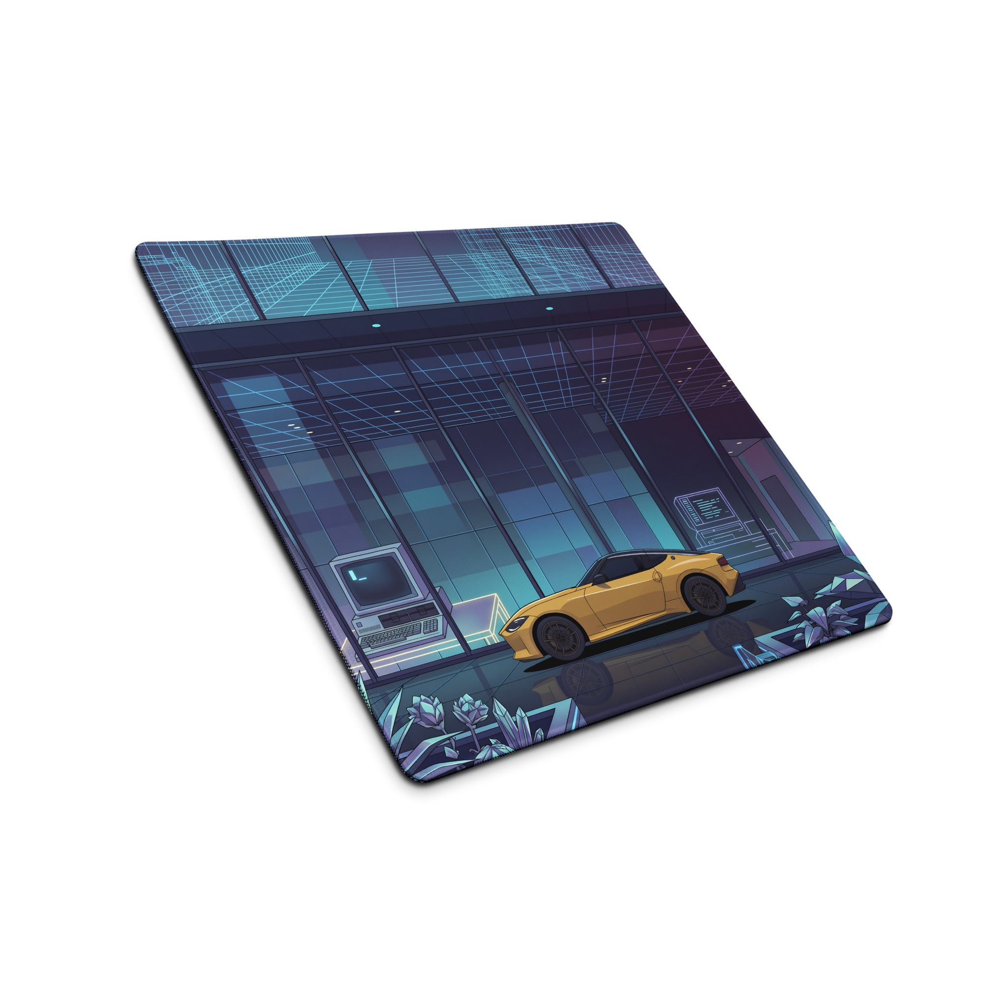 Nissan Z RZ34 Inspired Yellow Blue Vaporwave Gaming Mouse Pad, Neon Retro Futuristic JDM Desk Mat with Cyberpunk Tech Lab Sports Car Art