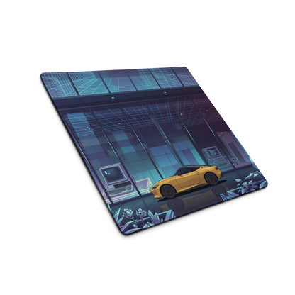 Nissan Z RZ34 Inspired Yellow Blue Vaporwave Gaming Mouse Pad, Neon Retro Futuristic JDM Desk Mat with Cyberpunk Tech Lab Sports Car Art