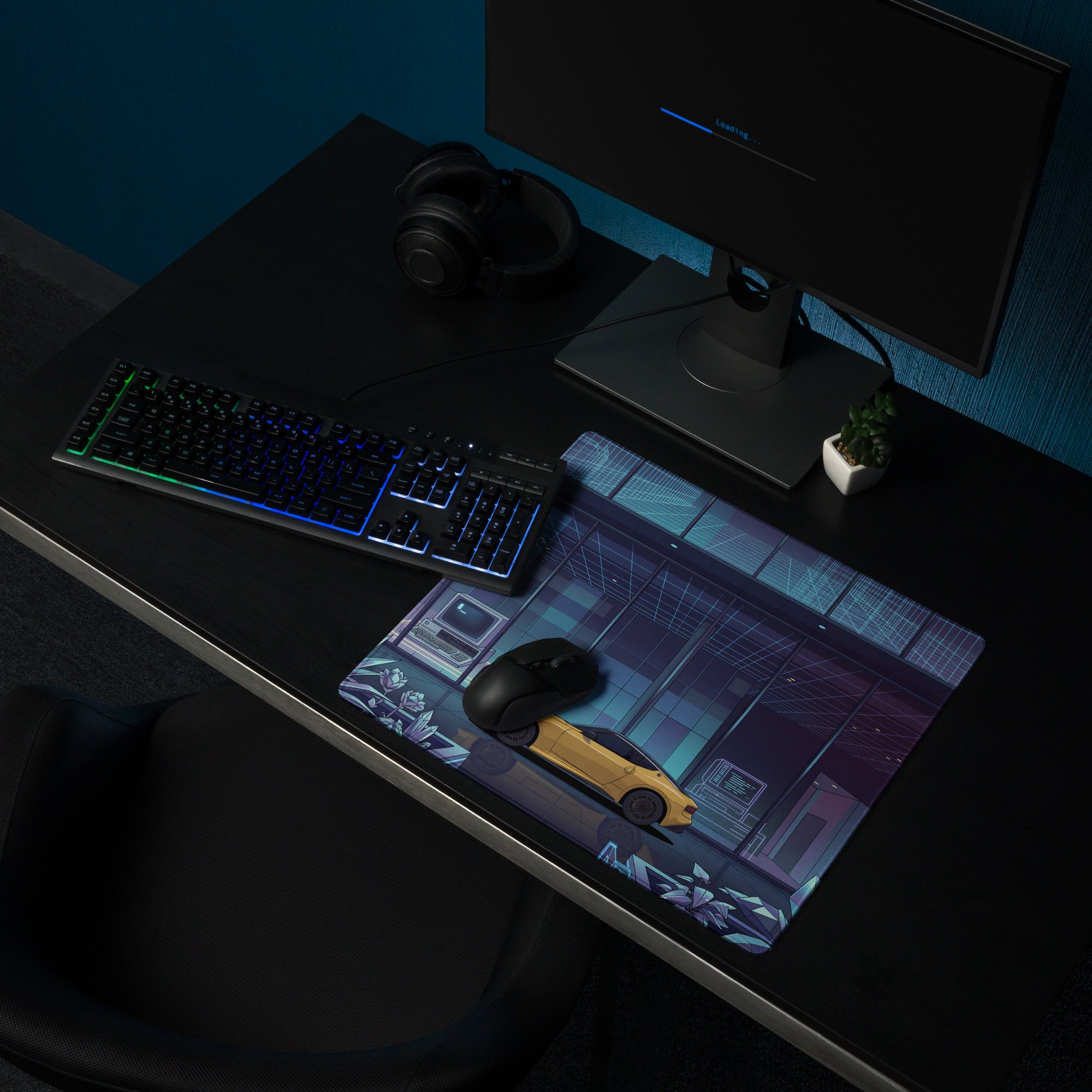 Nissan Z RZ34 Inspired Yellow Blue Vaporwave Gaming Mouse Pad, Neon Retro Futuristic JDM Desk Mat with Cyberpunk Tech Lab Sports Car Art