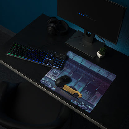 Nissan Z RZ34 Inspired Yellow Blue Vaporwave Gaming Mouse Pad, Neon Retro Futuristic JDM Desk Mat with Cyberpunk Tech Lab Sports Car Art