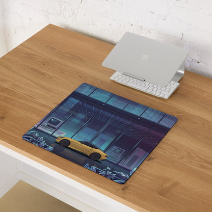 Nissan Z RZ34 Inspired Yellow Blue Vaporwave Gaming Mouse Pad, Neon Retro Futuristic JDM Desk Mat with Cyberpunk Tech Lab Sports Car Art