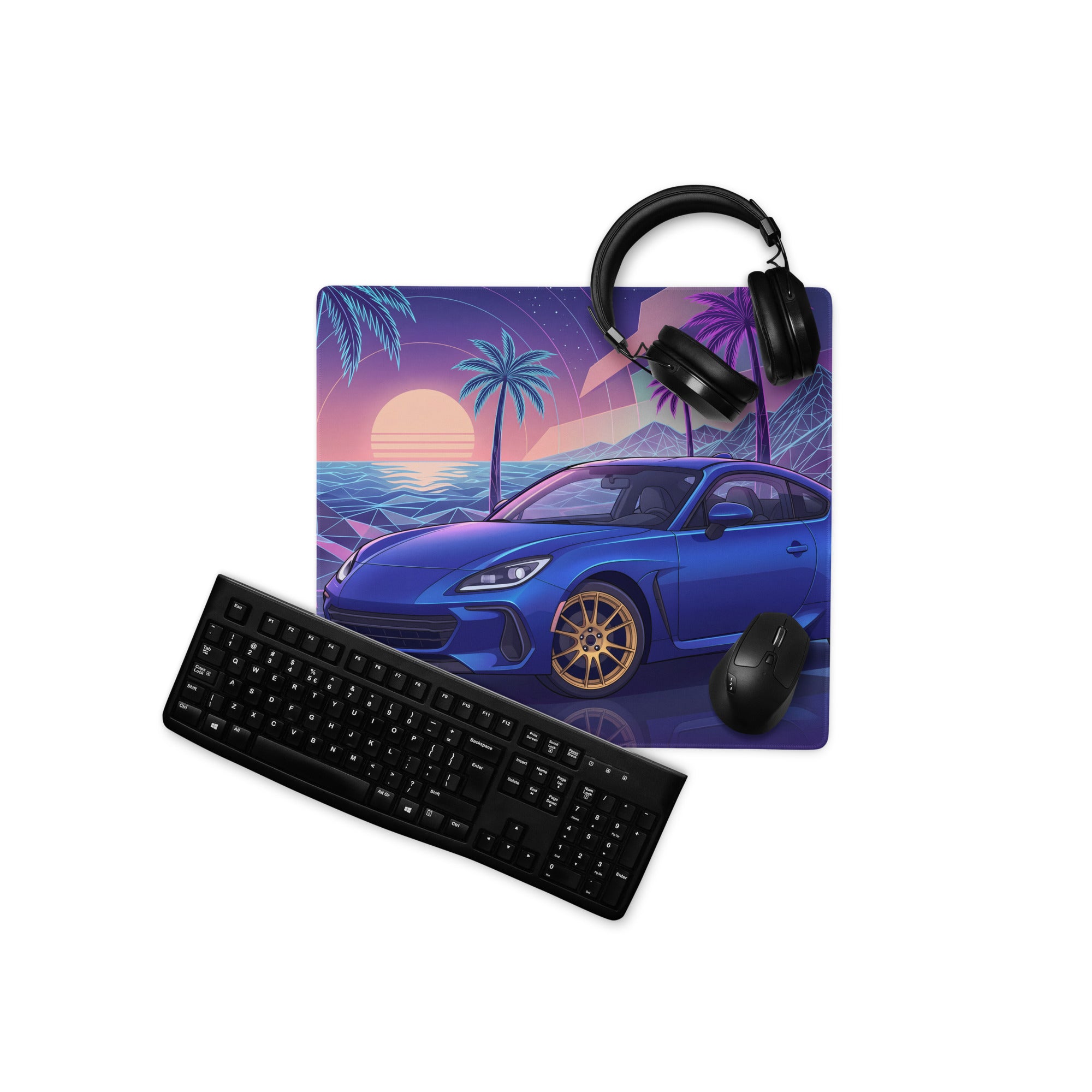 Subaru BRZ Inspired Blue Purple Vaporwave Gaming Mouse Pad, Neon Retro Futuristic JDM Desk Mat with Synthwave Palm Tree Sports Car Art
