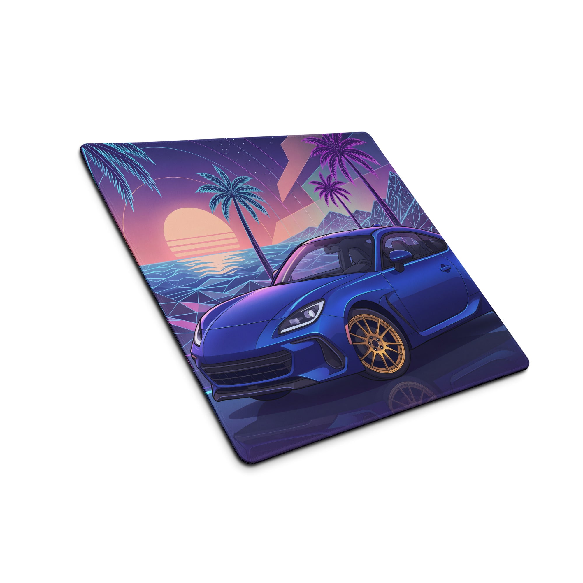 Subaru BRZ Inspired Blue Purple Vaporwave Gaming Mouse Pad, Neon Retro Futuristic JDM Desk Mat with Synthwave Palm Tree Sports Car Art