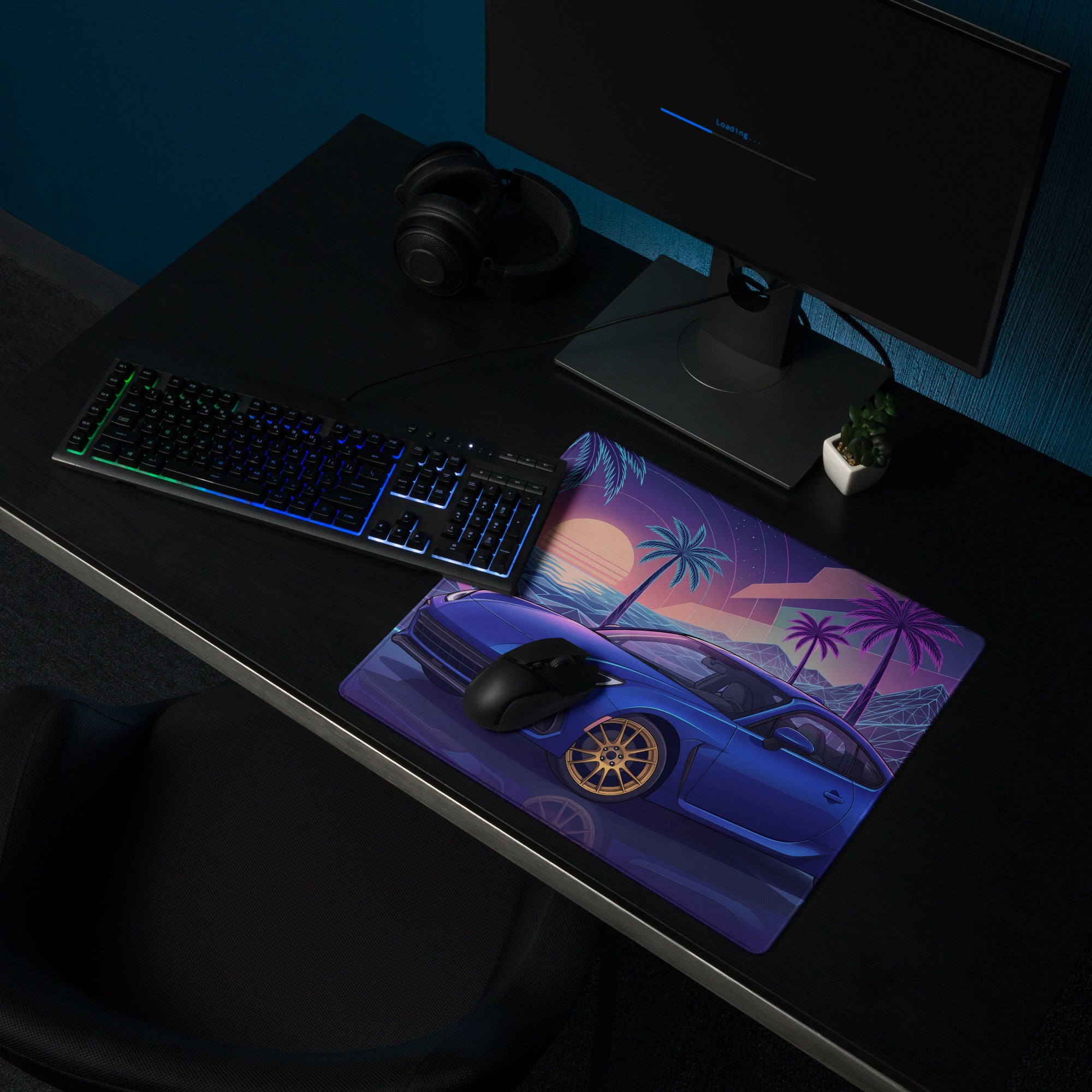 Subaru BRZ Inspired Blue Purple Vaporwave Gaming Mouse Pad, Neon Retro Futuristic JDM Desk Mat with Synthwave Palm Tree Sports Car Art