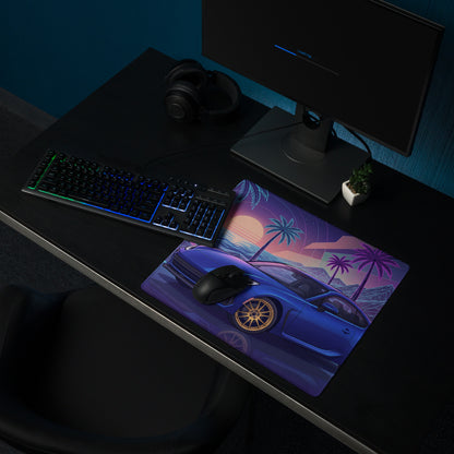 Subaru BRZ Inspired Blue Purple Vaporwave Gaming Mouse Pad, Neon Retro Futuristic JDM Desk Mat with Synthwave Palm Tree Sports Car Art