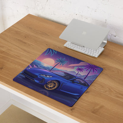 Subaru BRZ Inspired Blue Purple Vaporwave Gaming Mouse Pad, Neon Retro Futuristic JDM Desk Mat with Synthwave Palm Tree Sports Car Art