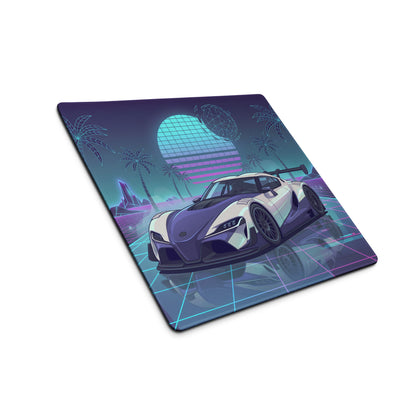 Toyota GR Supra A90 Inspired White Purple Vaporwave Gaming Mouse Pad, Neon Retro Futuristic JDM Desk Mat with Synthwave Palm Tree Sports Car Art