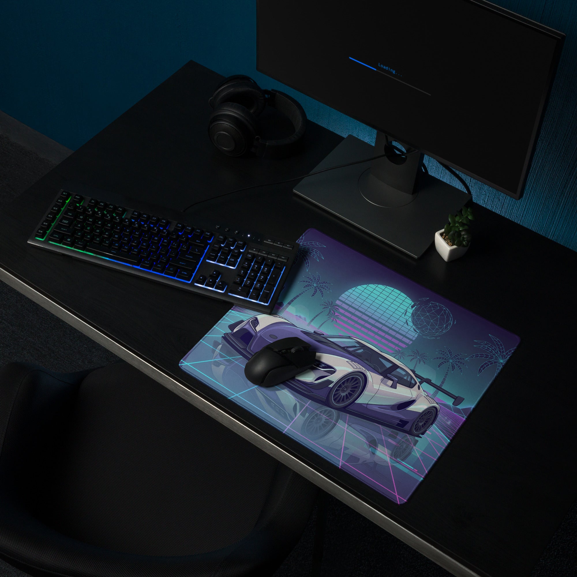 Toyota GR Supra A90 Inspired White Purple Vaporwave Gaming Mouse Pad, Neon Retro Futuristic JDM Desk Mat with Synthwave Palm Tree Sports Car Art