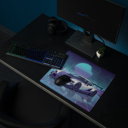 Toyota GR Supra A90 Inspired White Purple Vaporwave Gaming Mouse Pad, Neon Retro Futuristic JDM Desk Mat with Synthwave Palm Tree Sports Car Art