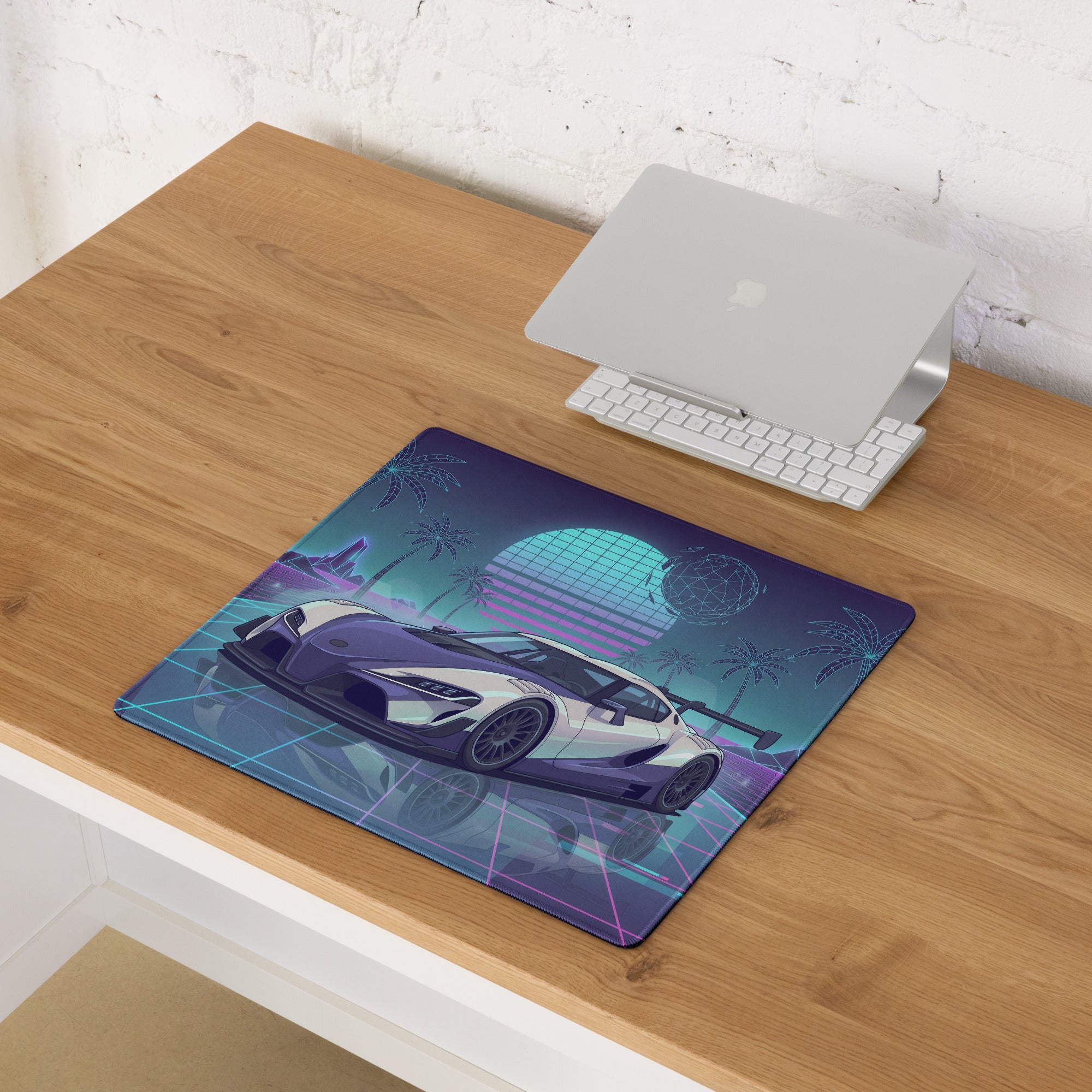 Toyota GR Supra A90 Inspired White Purple Vaporwave Gaming Mouse Pad, Neon Retro Futuristic JDM Desk Mat with Synthwave Palm Tree Sports Car Art