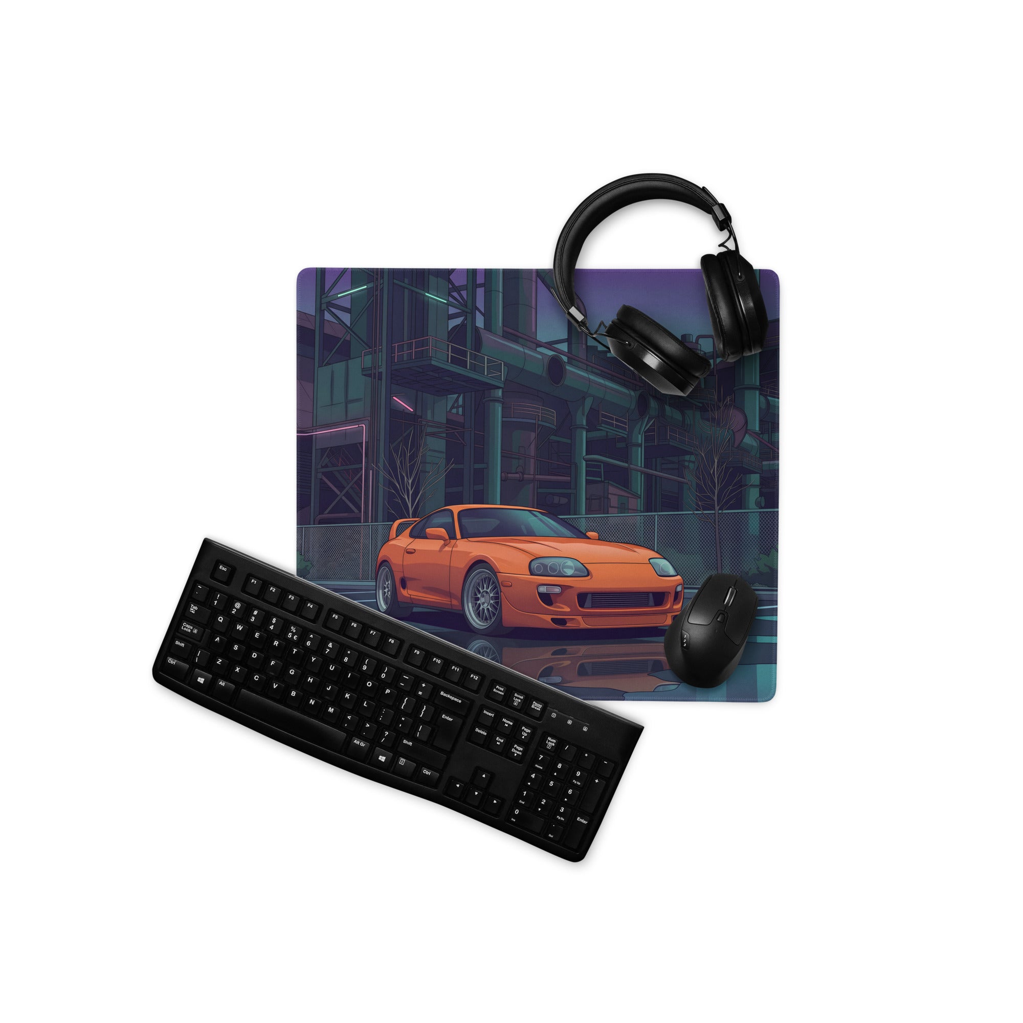 Toyota Supra MK4 Inspired Orange Purple Vaporwave Gaming Mouse Pad, Neon Industrial JDM Desk Mat with Cyberpunk Factory Sports Car Art