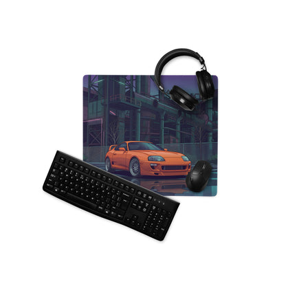 Toyota Supra MK4 Inspired Orange Purple Vaporwave Gaming Mouse Pad, Neon Industrial JDM Desk Mat with Cyberpunk Factory Sports Car Art