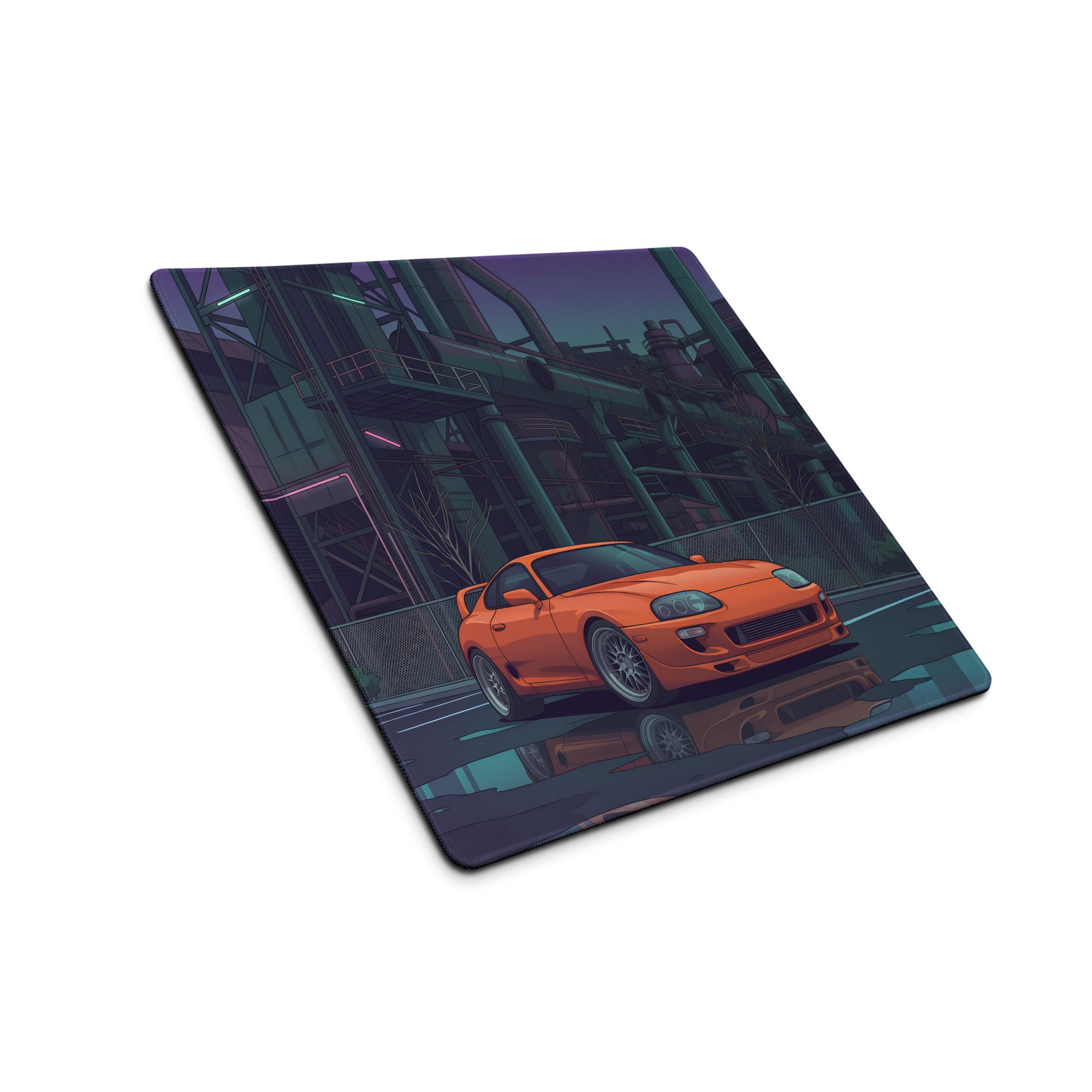 Toyota Supra MK4 Inspired Orange Purple Vaporwave Gaming Mouse Pad, Neon Industrial JDM Desk Mat with Cyberpunk Factory Sports Car Art
