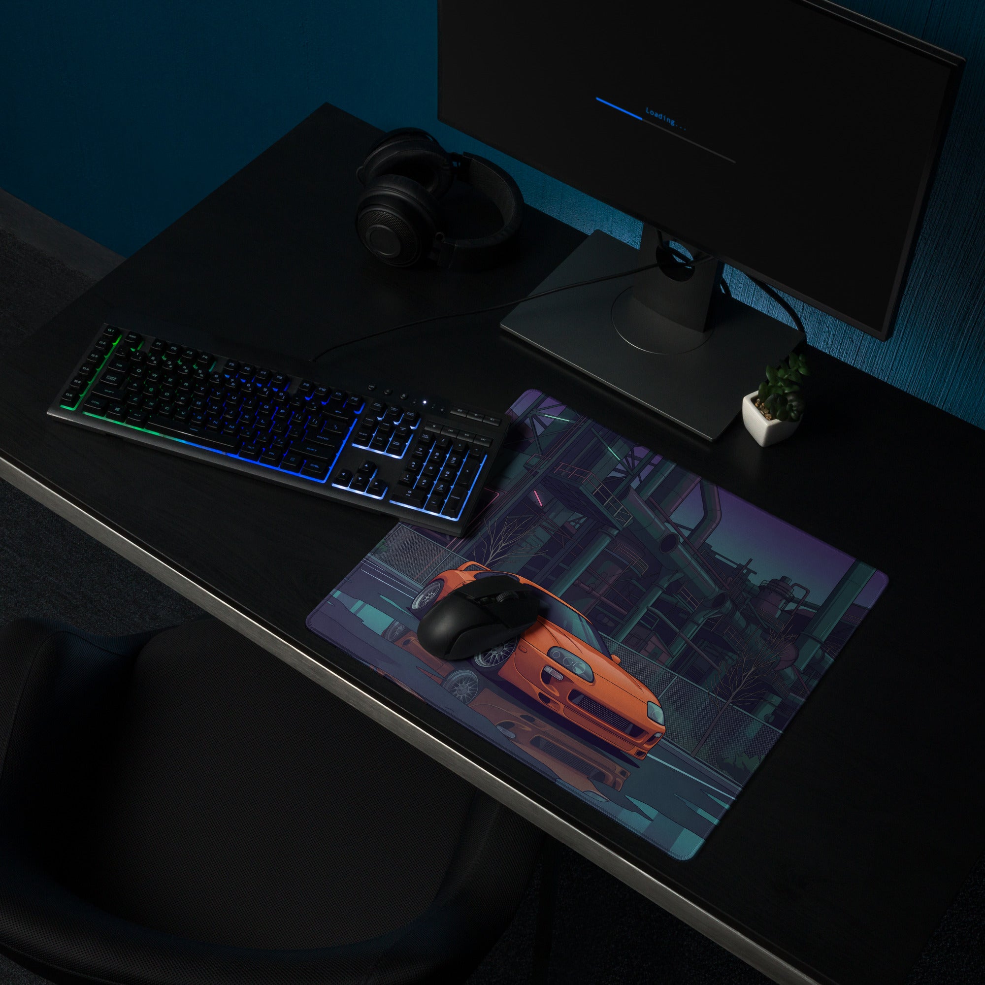 Toyota Supra MK4 Inspired Orange Purple Vaporwave Gaming Mouse Pad, Neon Industrial JDM Desk Mat with Cyberpunk Factory Sports Car Art