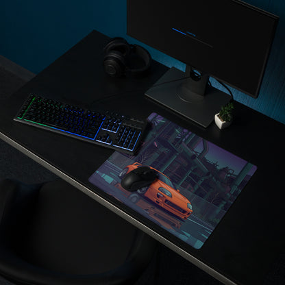 Toyota Supra MK4 Inspired Orange Purple Vaporwave Gaming Mouse Pad, Neon Industrial JDM Desk Mat with Cyberpunk Factory Sports Car Art