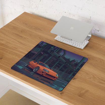 Toyota Supra MK4 Inspired Orange Purple Vaporwave Gaming Mouse Pad, Neon Industrial JDM Desk Mat with Cyberpunk Factory Sports Car Art