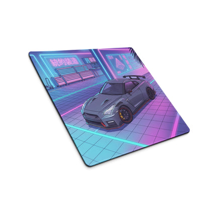 Nissan GT-R R35 Inspired Gray Blue Vaporwave Gaming Mouse Pad, Neon Cyberpunk Garage Desk Mat with Retro Futuristic Japanese Sports Car Art