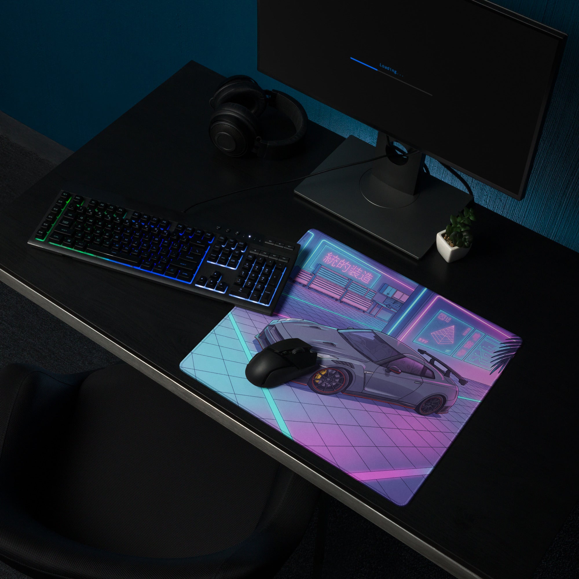 Nissan GT-R R35 Inspired Gray Blue Vaporwave Gaming Mouse Pad, Neon Cyberpunk Garage Desk Mat with Retro Futuristic Japanese Sports Car Art