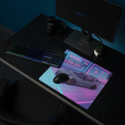 Nissan GT-R R35 Inspired Gray Blue Vaporwave Gaming Mouse Pad, Neon Cyberpunk Garage Desk Mat with Retro Futuristic Japanese Sports Car Art