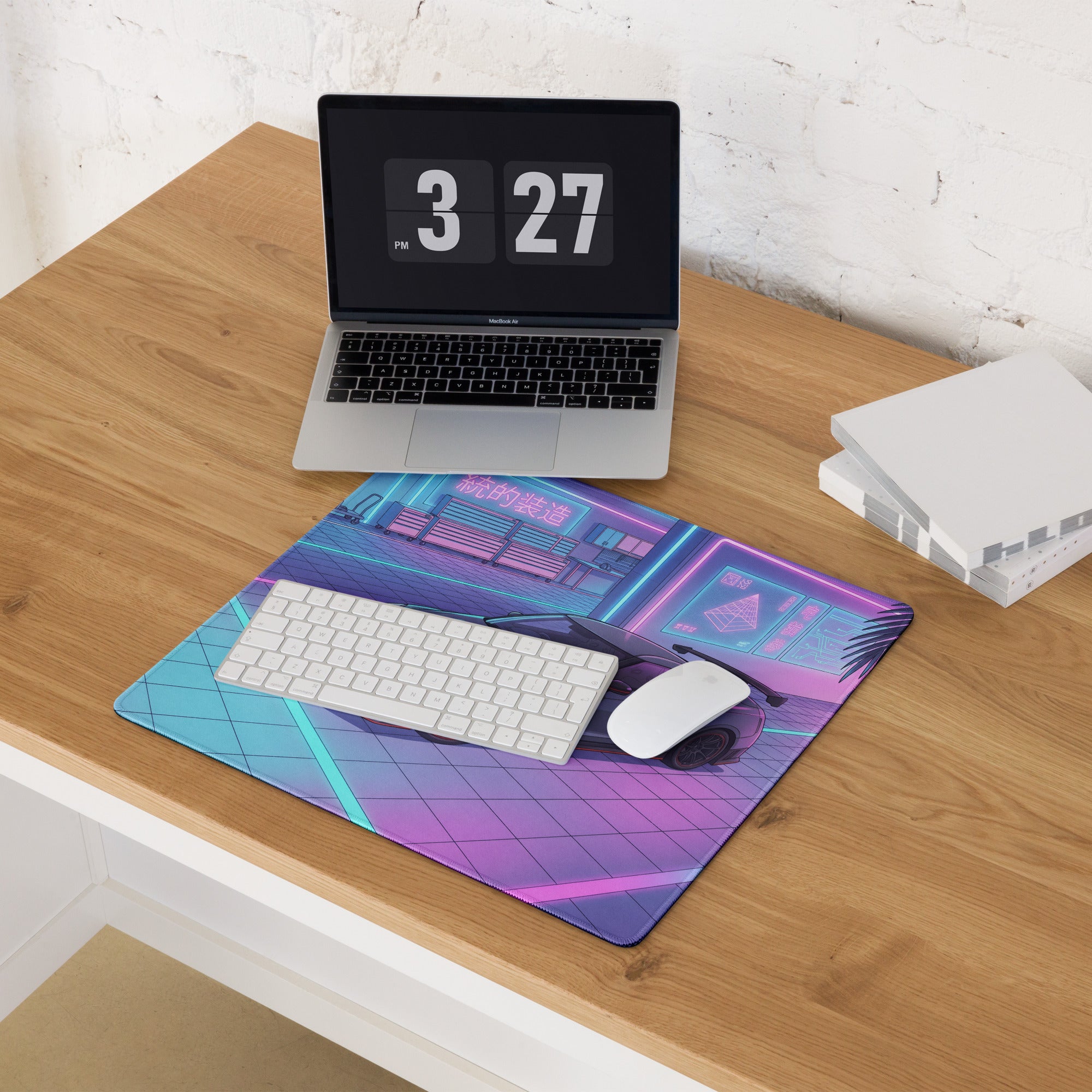 Nissan GT-R R35 Inspired Gray Blue Vaporwave Gaming Mouse Pad, Neon Cyberpunk Garage Desk Mat with Retro Futuristic Japanese Sports Car Art