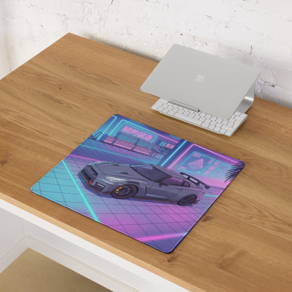 Nissan GT-R R35 Inspired Gray Blue Vaporwave Gaming Mouse Pad, Neon Cyberpunk Garage Desk Mat with Retro Futuristic Japanese Sports Car Art