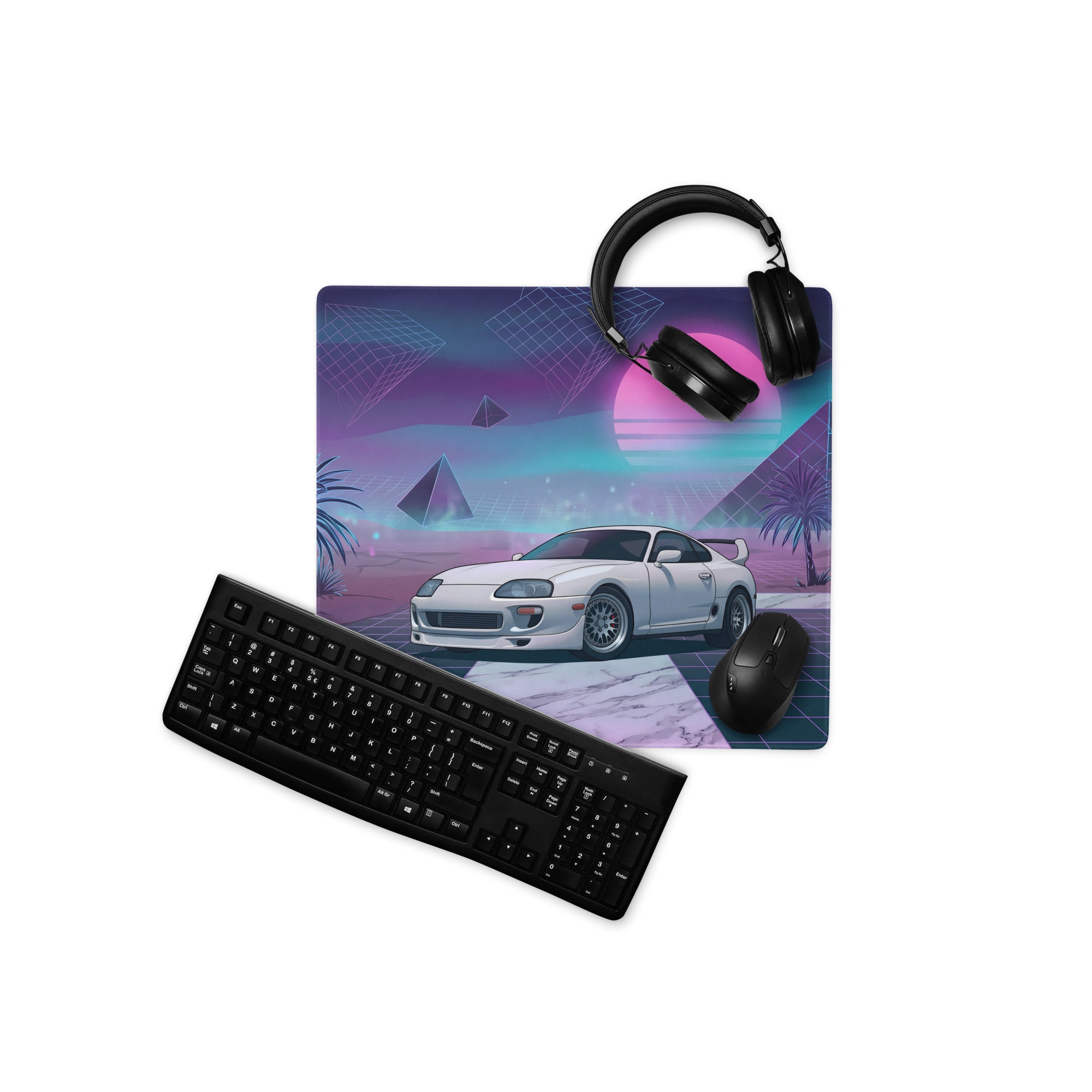 Toyota Supra MK4 Inspired White Purple Vaporwave Gaming Mouse Pad, Neon Retro Futuristic JDM Desk Mat with Synthwave Palm Tree Sports Car Art